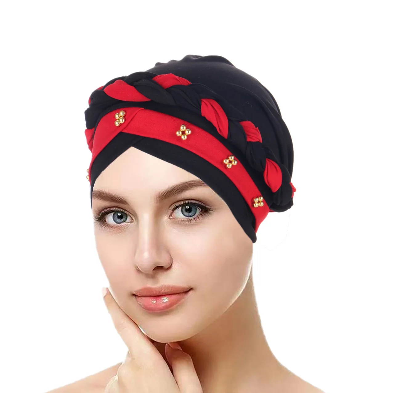 Muslim European and American Hair Hide Women Turban Solid Color Hat India in Stock Ladies Braid Contrast Color Cap