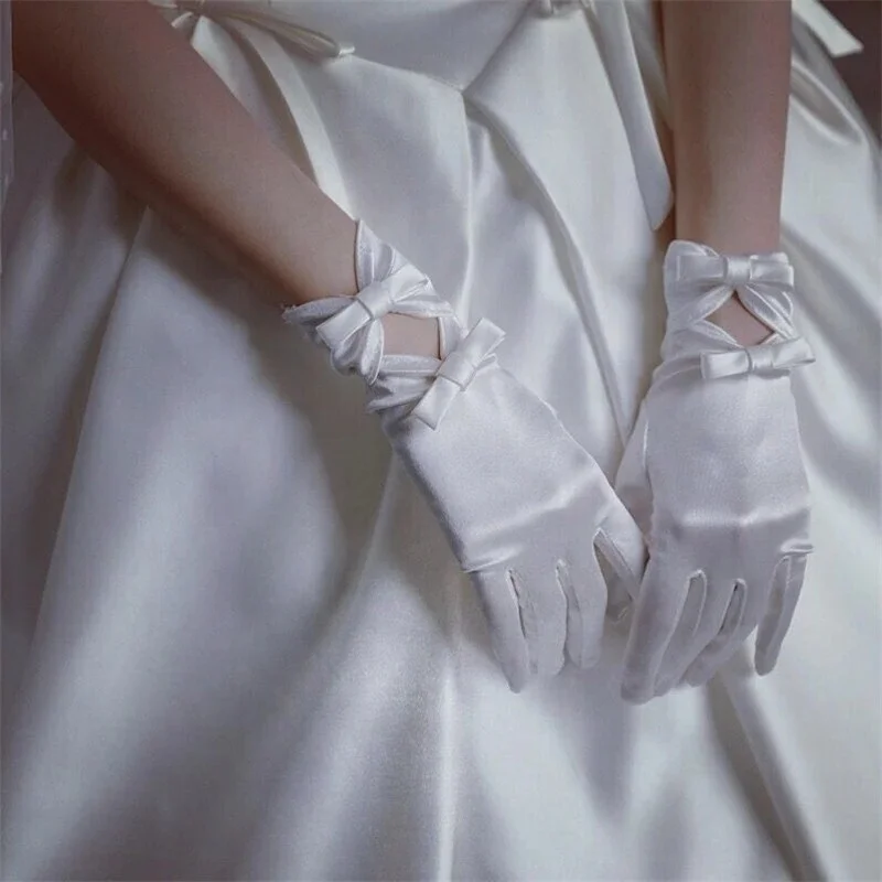 
 RY Wedding Gloves Lace White Bow Short Satin Gloves Wedding Accessories Free Shipping Flower Girl White Gloves  