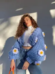 VSCOO hand knit plus size chunky sweater handmade oversize knitted flowers cropped cardigan women sweater