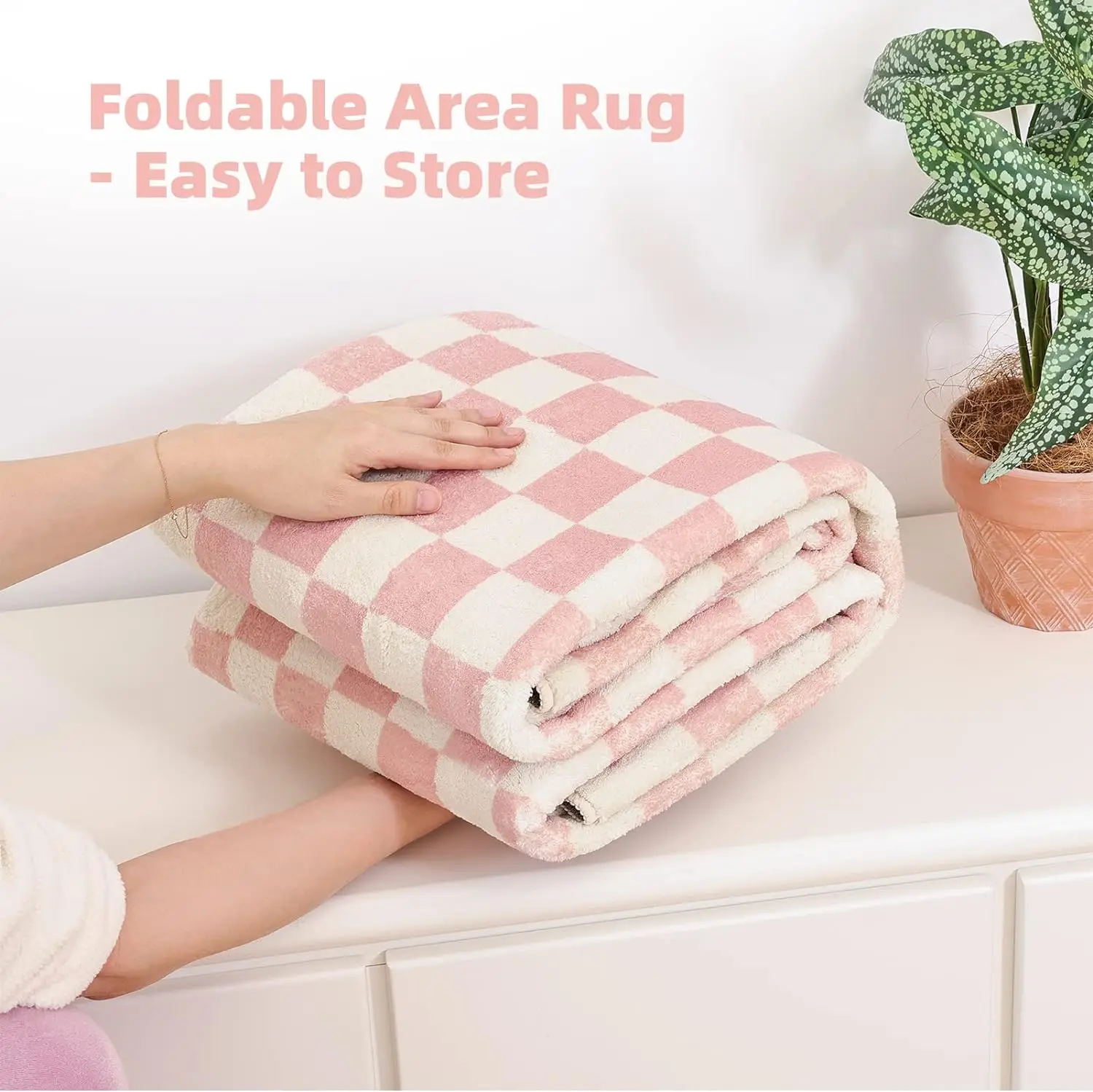 Simple Luxury Pink  Checkerboard Plaid Pattern Carpet Eco-friendly Faux Fux Sheepskin Area Rug For Living Room Bedroom