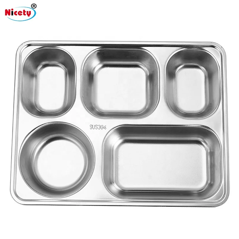 Nicety Stainless Steel 6 Compartment Lunch Plates School Canteen Site Food Tray Wholesale Grid Plate Dinner Plate for Student