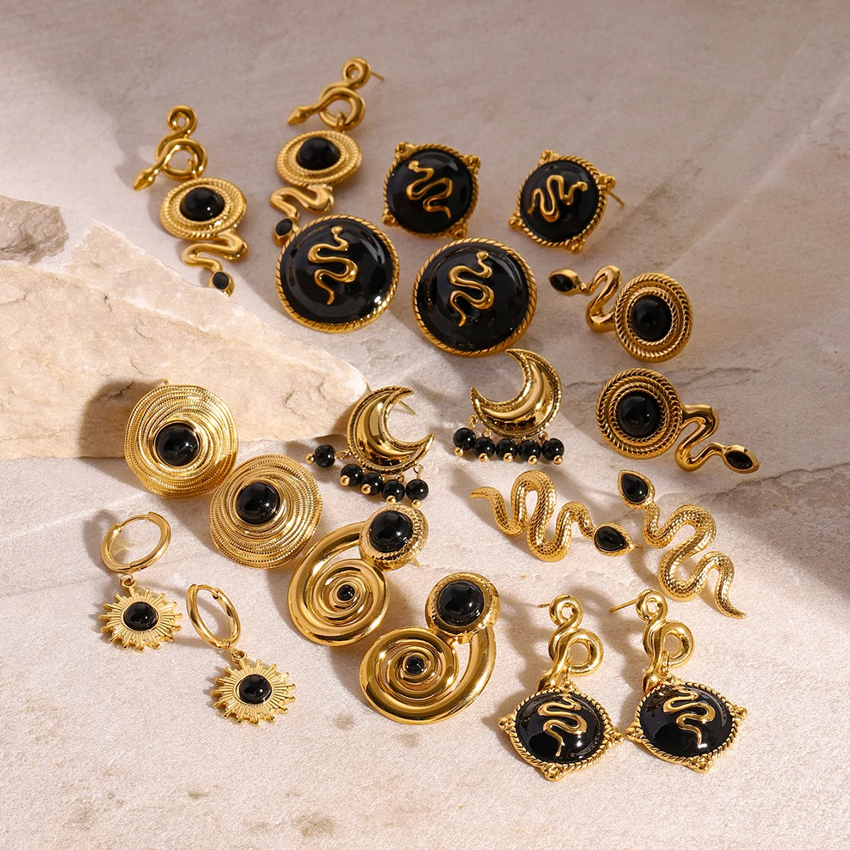 ERESI Vintage Hiphop Jewelry Series Black Onyx Earrings 18K Gold Plated Stainless Steel Snake Stud Earring Black Stone Earring