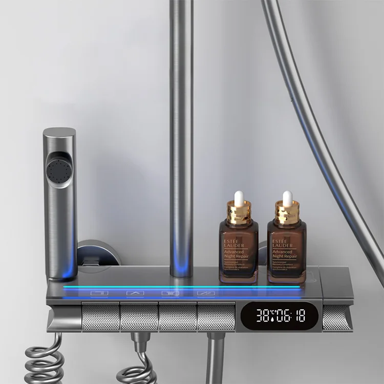 GAONUO Luxury Bathroom Brass Piano Key Rain Shower Set Wall Mounted 4 Functions Gun Grey Smart Digital Shower Faucet System