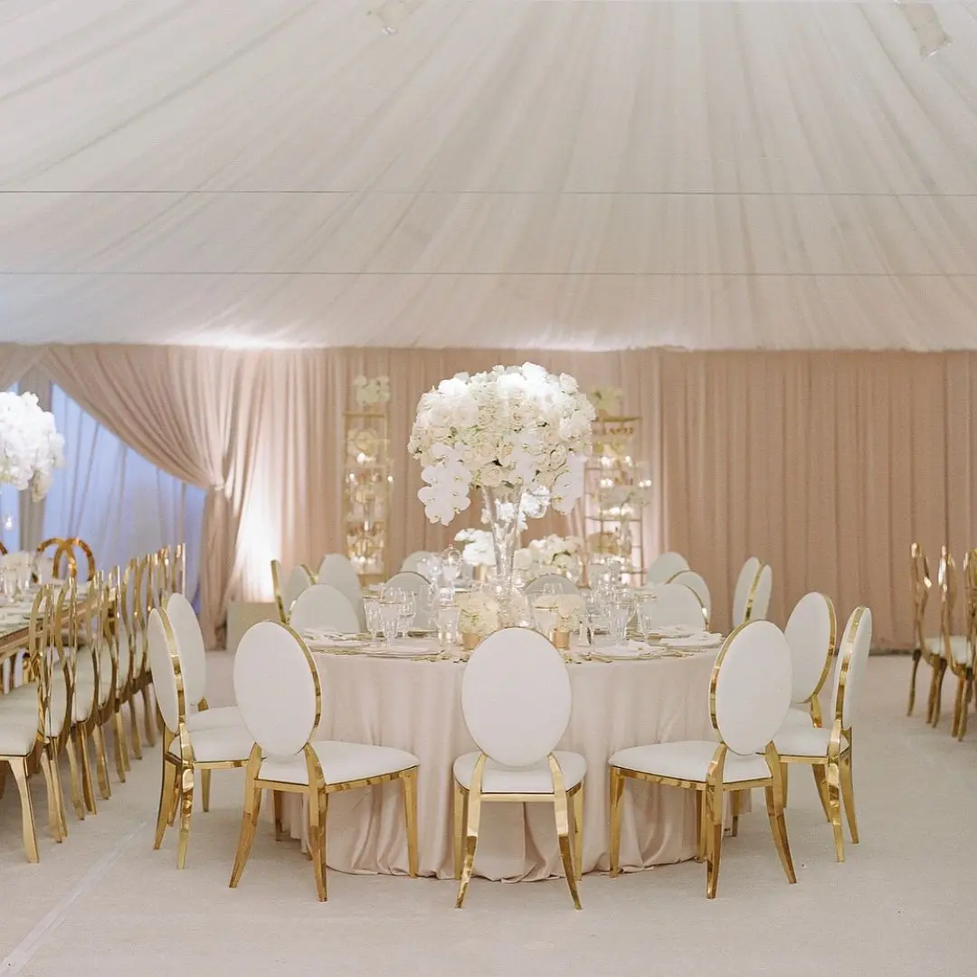 Luxury modern gold stainless steel round back dining banquet chair for wedding