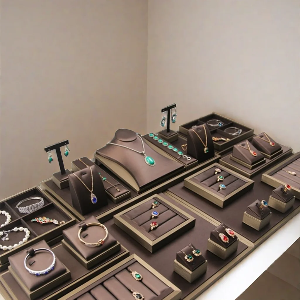wholesale PU leather metal  racks holder jewelry display set  earings  stand for  shop