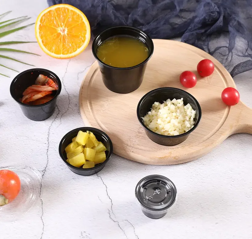 OEM/ODM Hot Sale Disposable Black/Clear Plastic PET Chutney Souffle Cup Leak-resistant Sauce Cups With Lids