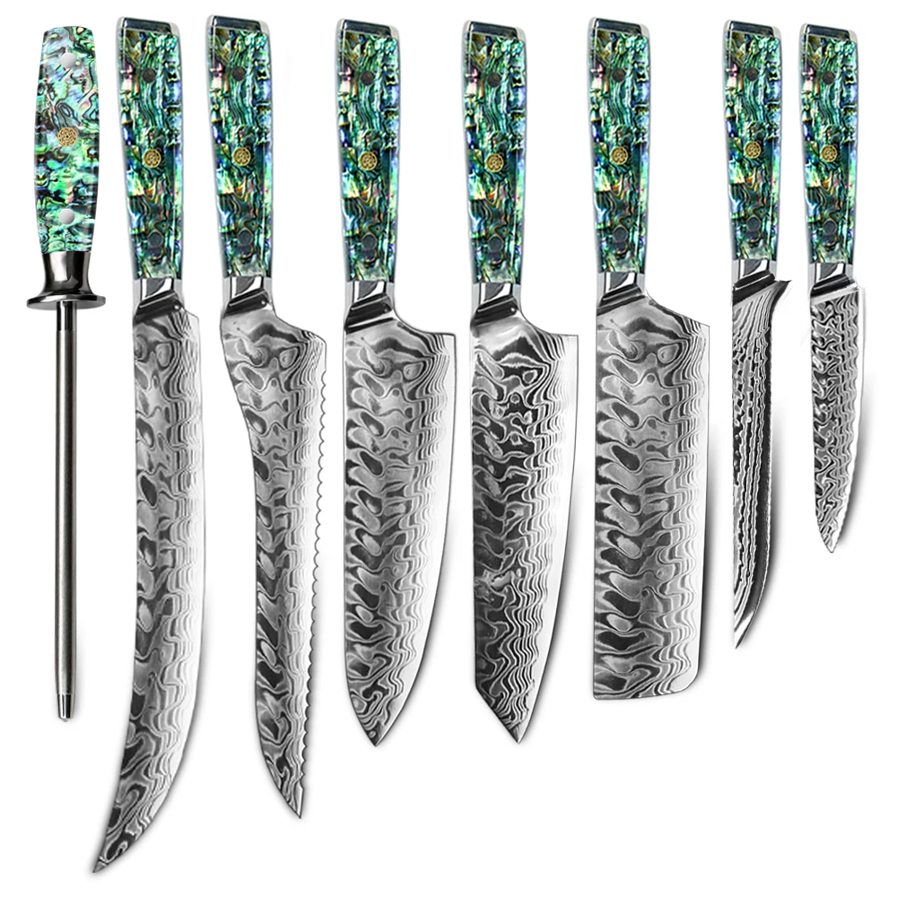 Yang jiang amber Damascus Stainless Steel Kitchen Knife Set with Abalone handle