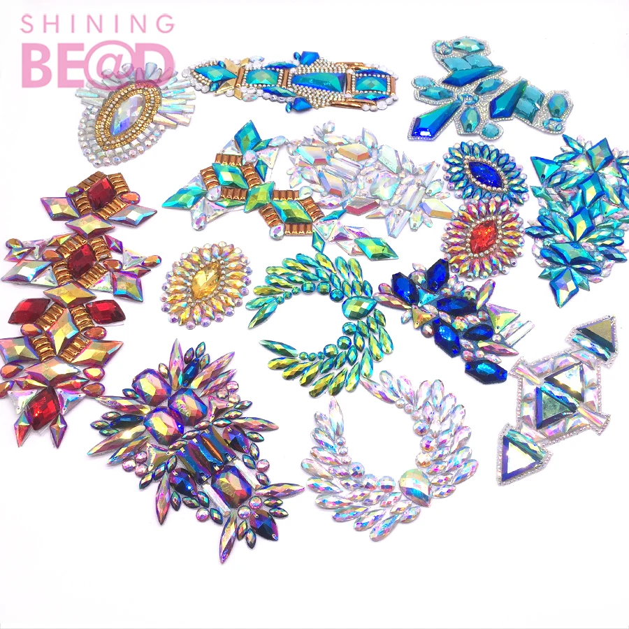 Wholesale Iron on Rhinestone Small Patch Hot Fix Design Resin Crystal Motif Applique for Carnival Feather Costume