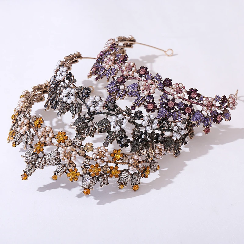 Retro Style Colorful Floral Crown With Diamond Antique Gold Rhinestone Tiaras For Queens Pearls Bridal Hair Accessories Luxury
