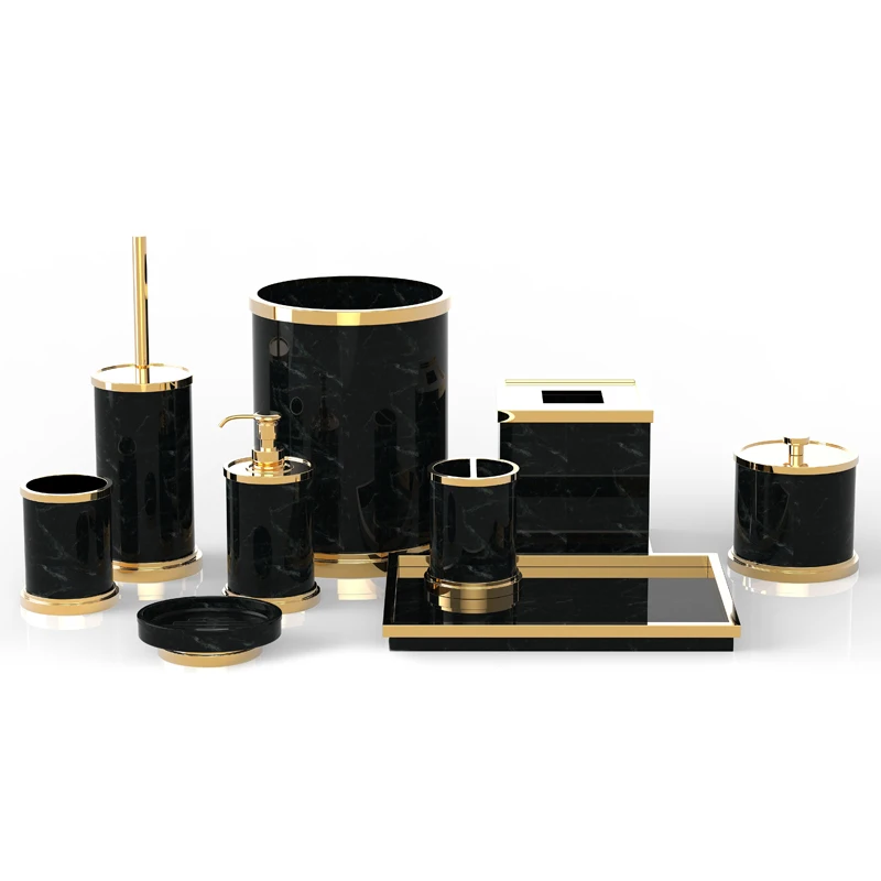 Resin Custom Bathroom Set Lotion Dispenser Soap Dish Toothbrush Holder Home Decor Black Gold Polyresin Bathroom Accessories Set