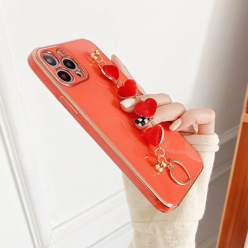 Luxury 6D Plating Phone Case For iPhone 14 13 12 11 Pro Max XS XR 7 8 Plus Soft TPU Back Cover With Love Lanyard