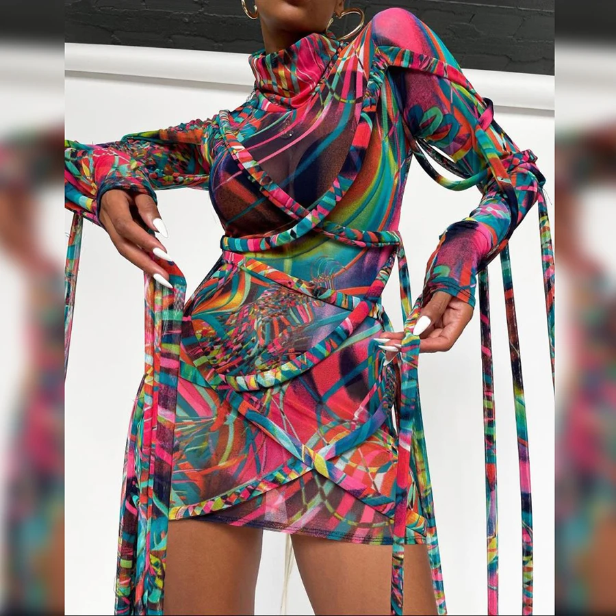 
Nibber K20D10828 chic ribbons multicolor print turtleneck street dress 2021sexy mesh mini dress women 