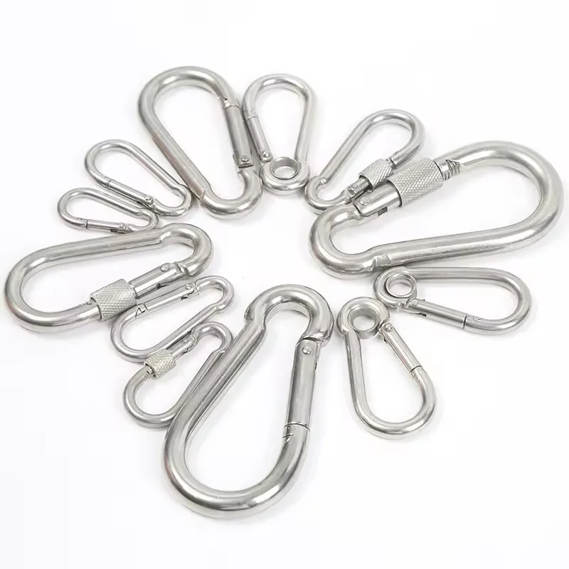 High Quality ss 304 rig Safety Climbing 4mm Quickdraw Round Mousqueton Inox Snap Hook Stainless hooks Steel Carabiner clips