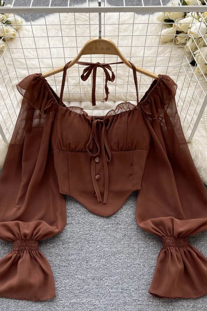 Autumn Full Sleeve Square Collar Shirts Women Crop Top Solid Casual Blouse Ladies Y2k Clothing Clothes Women Wholesale