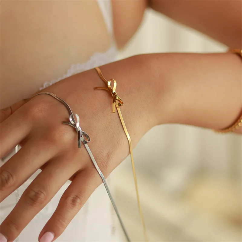 Simple ribbon choker necklace stainless steel trendy non fading gold thin snake chain bow necklace for women