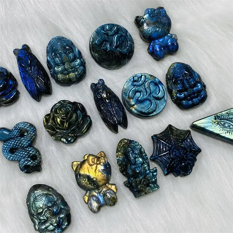 Hand-carved Full Flash Labradorite Crystal Carvings Kitty Snake Bug Evil Eyes Animal Statue Figurine