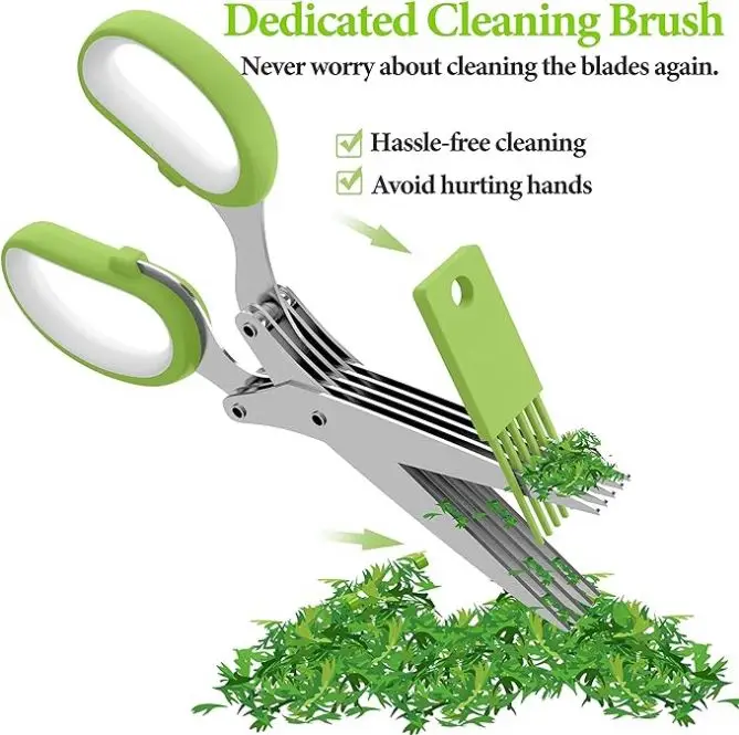 Multifunction Vegetable Kitchen Gadget Scissor Kitchen Herb Shear Cutter Stainless Steel 5 Blade Herb Scissor With Cleaning Comb