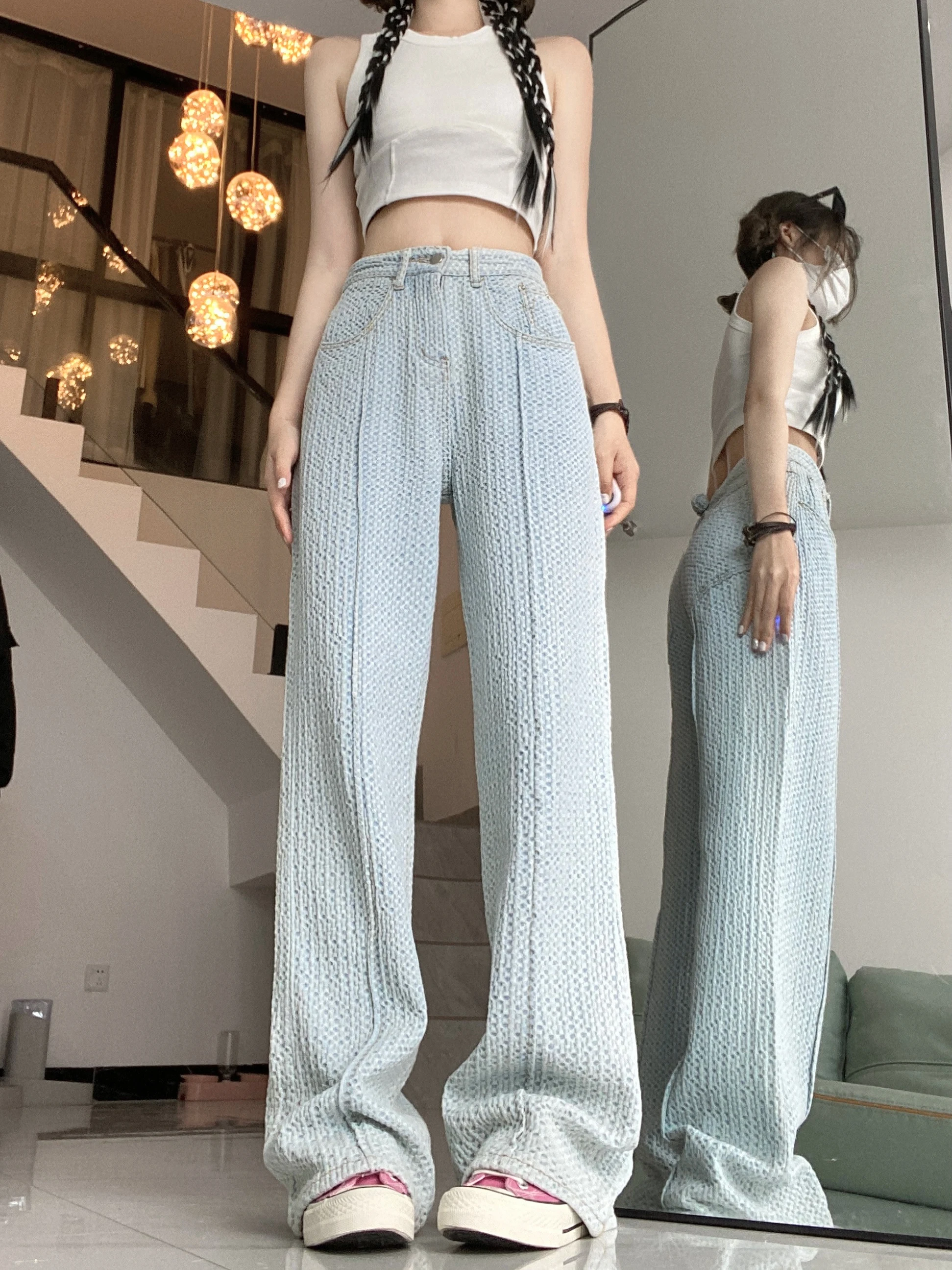 Wholesale of 2023 Spring Blue Straight Tube Loose Texture Jeans with High Waist Thin and Versatile Fashionable Wide Leg Jeans