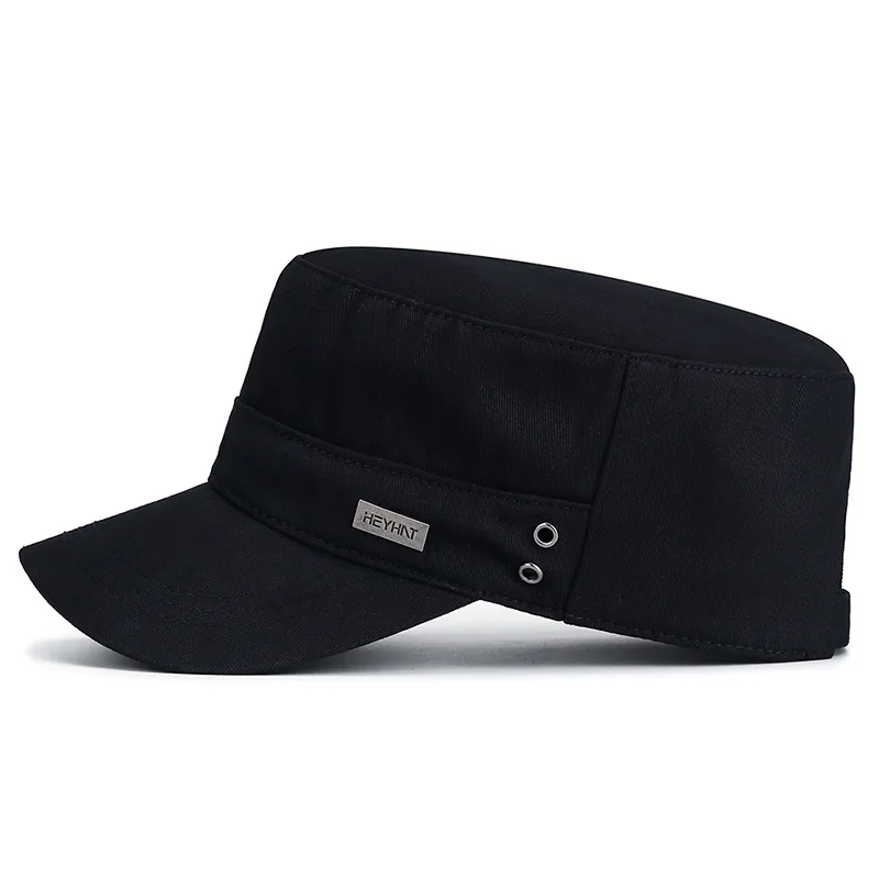 Solid Color Cotton Flat Top Cap For Men adjustable Machinable Customization Embroidery Metal Tag Stock