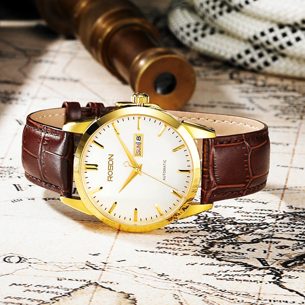 
Retro Mechanical Watch Mens Custom Mechanical Watch 5 ATM Leather Stainless Steel Strap Gold Mechanical Watch 
