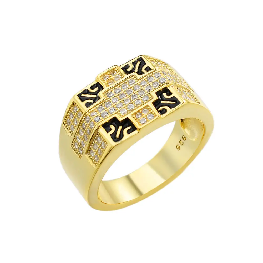 New Wholesale Hip Hop Ice Out Silver 925 Zirconia Stone Black Enamel Pattern Gold Plated Rings For Man