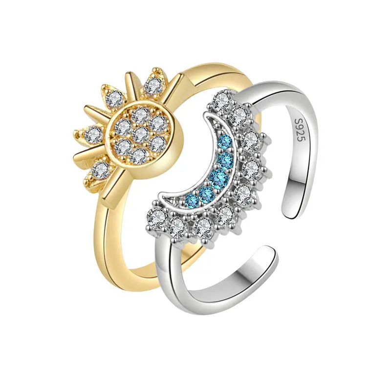 Silver Rings 925 Couples Ring Hot Sale Gold Silver Plated Open Crystal Rhinestone Sun and Moon Rings for Girlfriend Boyfriend
