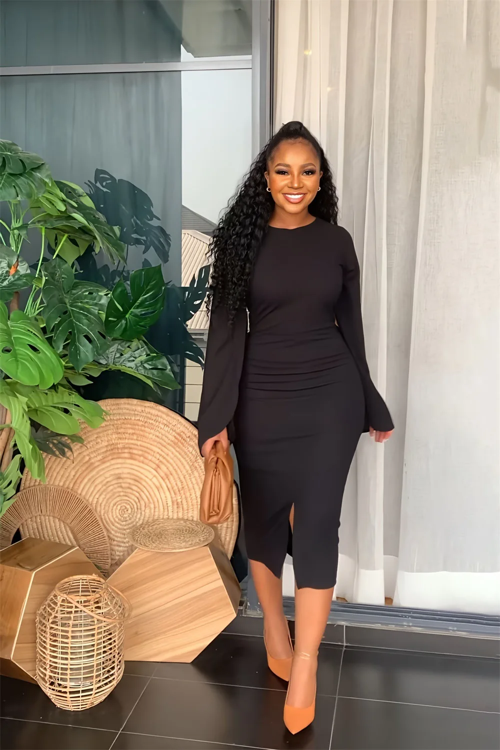 Sexy Dresses for Women Long Sleeve Bodycon Spring Summer Midi Dress Ladies Work Office Solid Color Fashion Dress