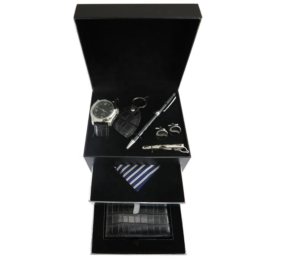 Black Leather Watch Wallet Belt Bracelet Chain Ballpoint Pen Gift Set Box For Present Business Gift Men Set
