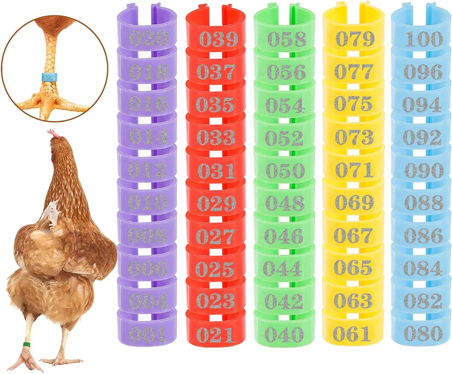 100 Pieces Colorful Identification Numbered Spiral Poultry Ankle Wing Bands Clip Ducks Goose Chicken Marking Leg Marking Ring