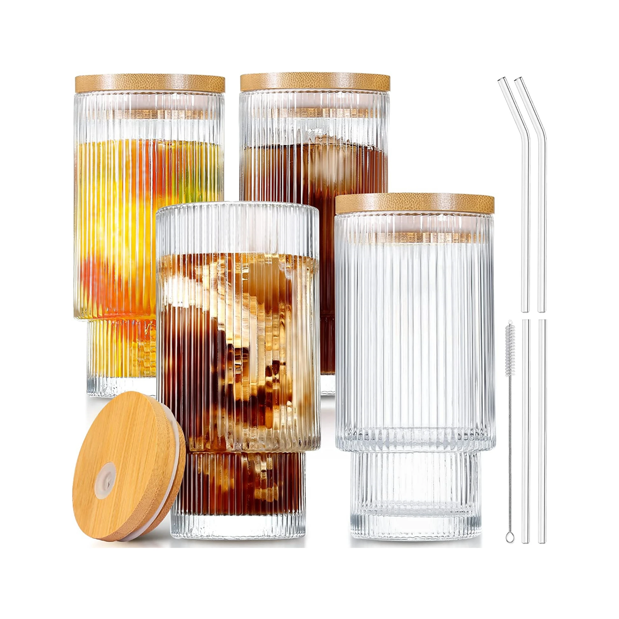 Винтажные штабелируемые ребристые стаканы с бамбуковыми крышками и соломкой для сока пива кофе воды коктейль набор стеклянных стаканов