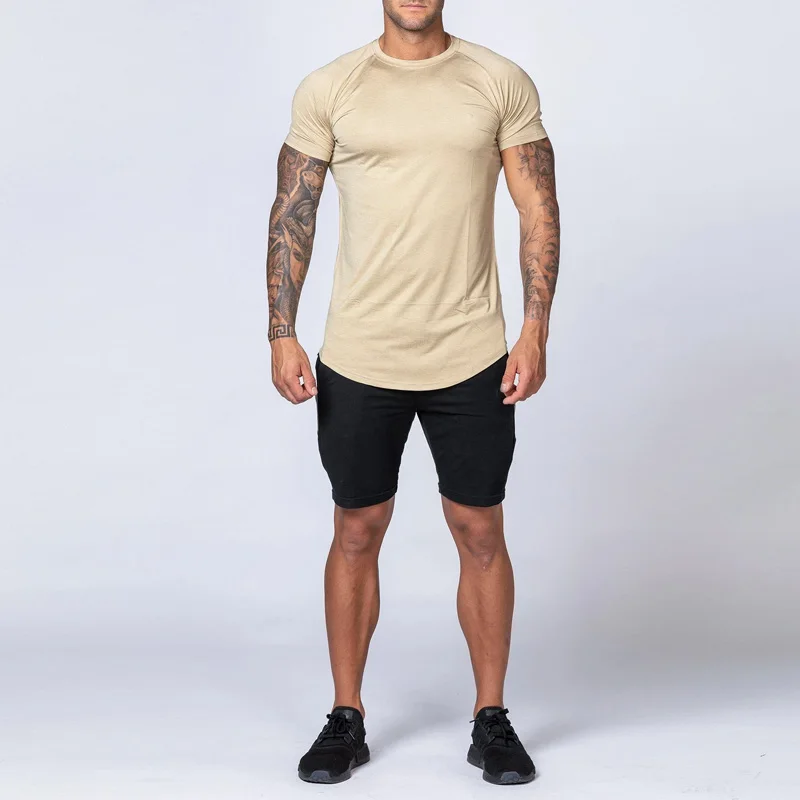 Wholesale Comfortable Light Weight Muscle Fit Sport Wear Gym T Shirt Beige Round Neck Curved Hem Raglan Tees