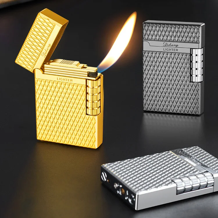 wholesale Steel sound side sliding wheel oblique fire lighter refilled butane gas diamond lattice high-grade lighter