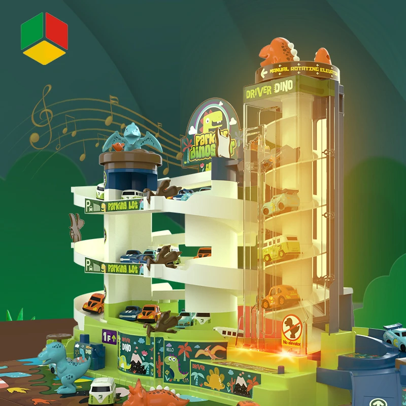 QS Toy DIY Selfassembly Multi-layer Revolving Elevator Rail 5 Storey Parking Lot Building Slot Track Car Racing Toy With Car