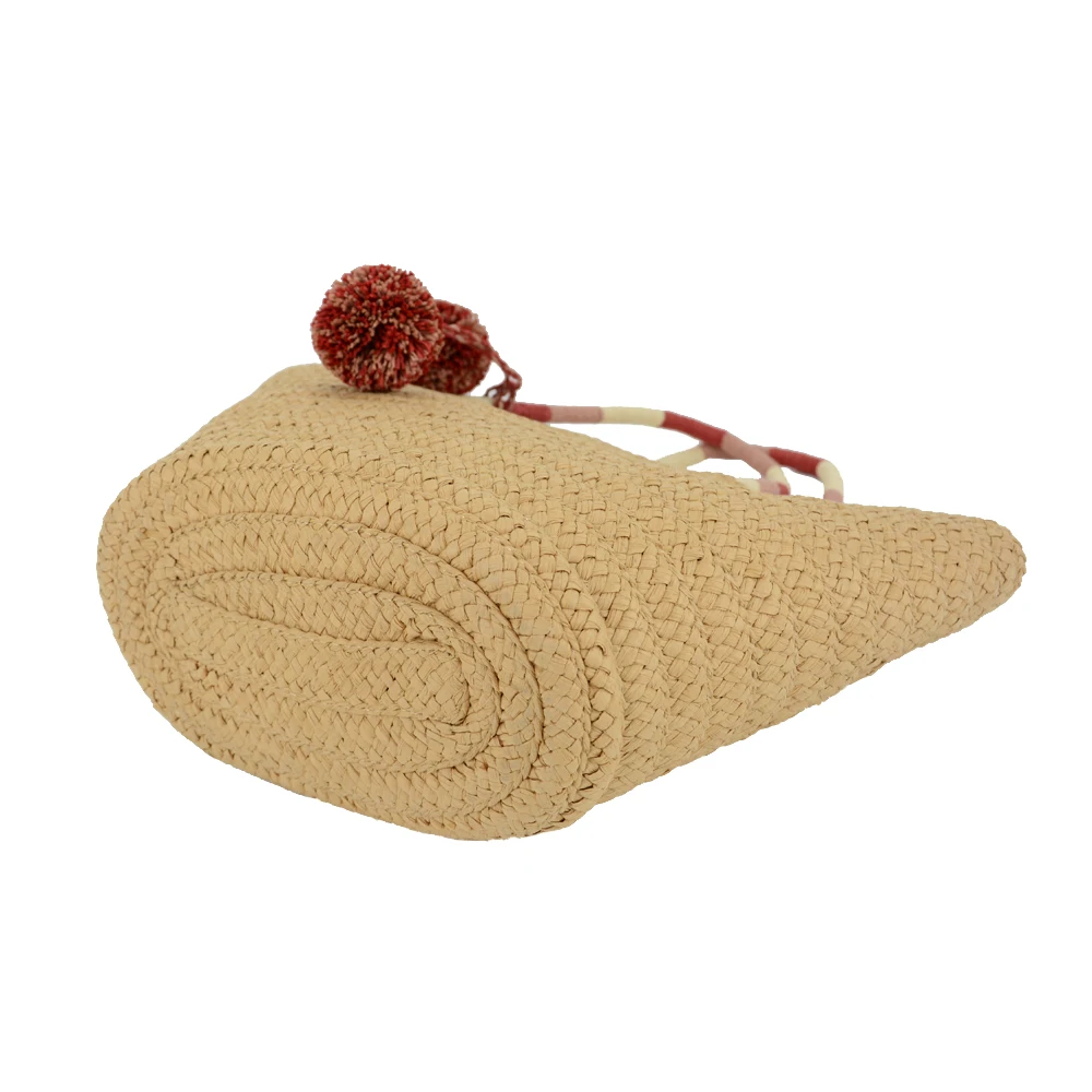 China supplier new design OEM womens straw beach tote bag with pom poms trimming drawstring closure straw tote