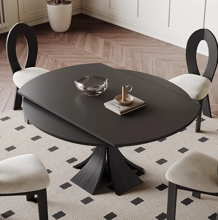 French retro minimalist light luxury high-end home antique furniture solid wood telescopic rock table Extension dining table
