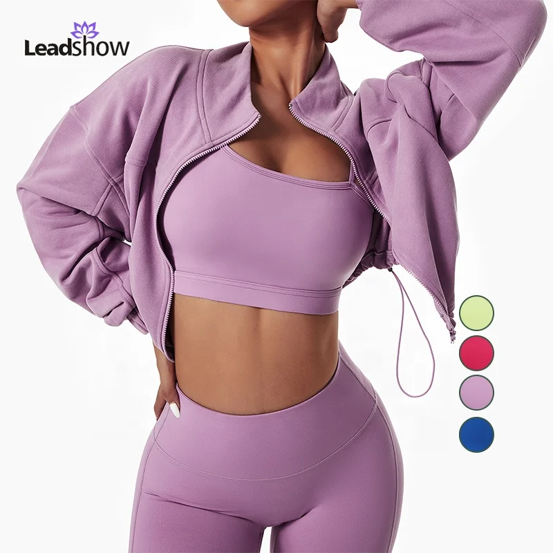 3Piece Custom Logo Blank Workout Yoga Zipper Crop Jacket Sweatsuit Winter Jogger sport clothes Legging Set Tracksuit For Womens