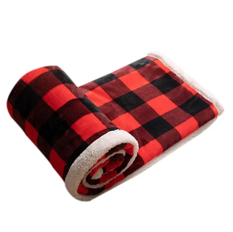 Plaid Lamb Wool Double Layer Flannel Sherpa Throw Blanket Custom Winter Thick Soft