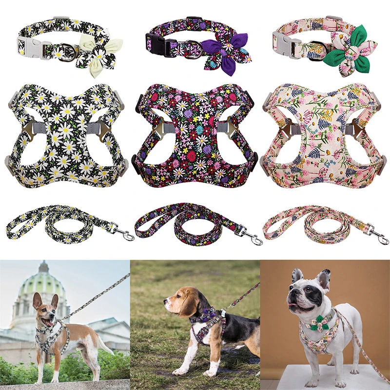 Wholesale adjustable and reflective pet harness vest with bowtie dog collar leash set