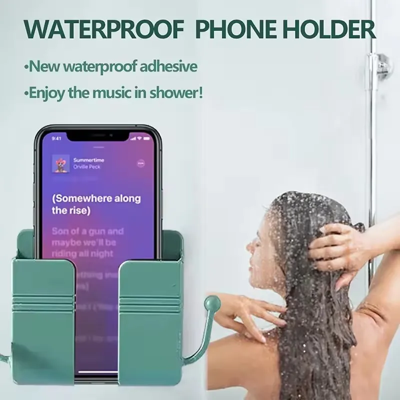 Wall Mount Adhesive Phone Holder Stand with Data Cable Receiving Hole for Shower Charging RV TV Remote Smartphone