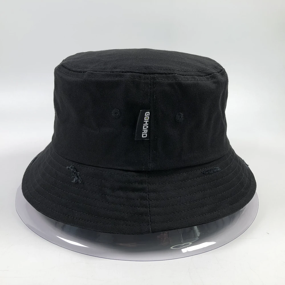 Custom distressed bucket hats with woven tags High quality classic black blank boonie Unisex casual cotton bucket hats rips