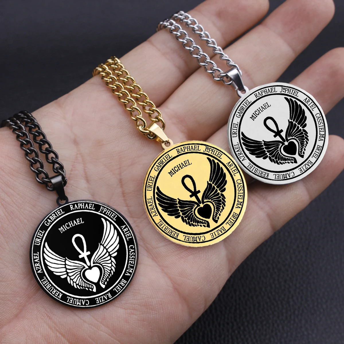 Feast Archangels 12 Guardian Angels Medallion Wings Heart Ankh Life Power Magic Amulet Jewelry Stainless Steel Pendant Necklace