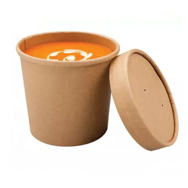 Eco-friendly 100% Biodegradable 12oz Kraft Soup Paper Cup with Lid Disposable Craft Paper Soup Cup