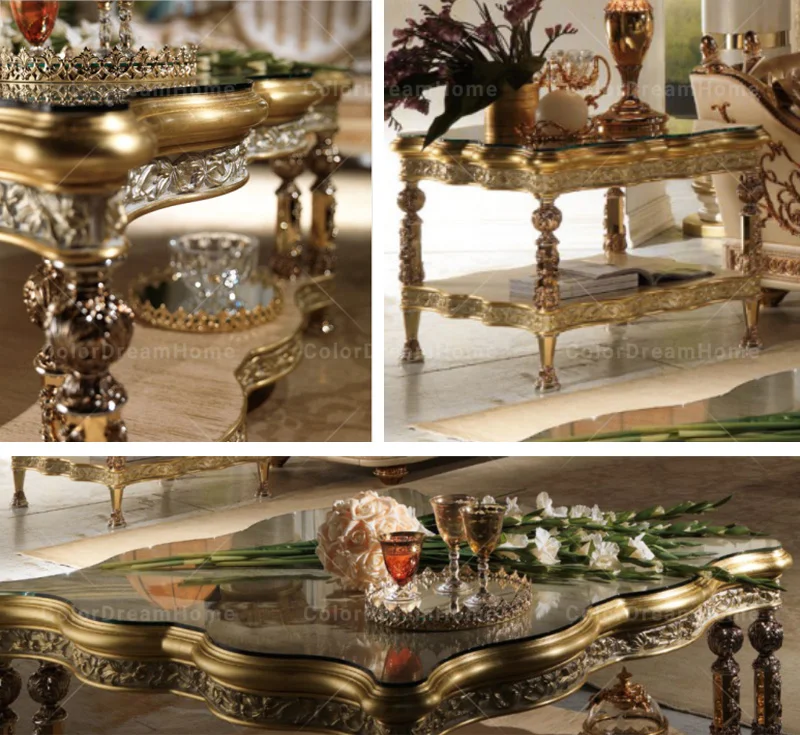 french living room furniture Luxury Gold square coffee table set wooden center table