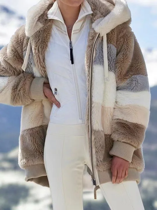 Winter Hooded Jacket Women Coat Fashion Loose Plush Warm Casual Multicolor Splicing Zipper Coats and Jackets Women Outwear