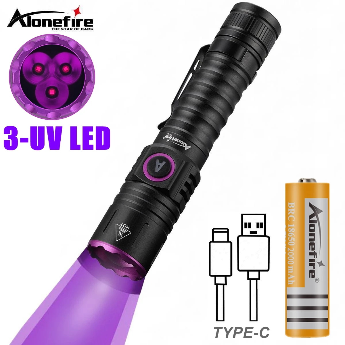 365/395nm UV High Power LED Flashlight Nail polish Curing Cat Dog Stain Tinea Leakage Invisible Marker Ore Money Scorpion light
