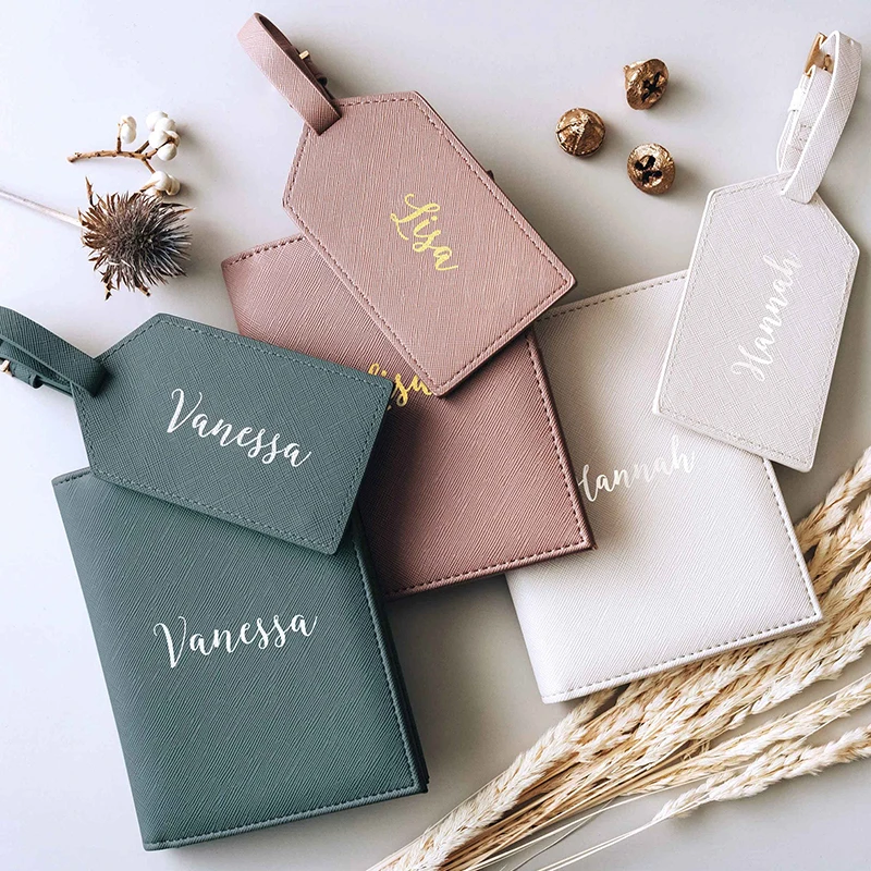 Custom Leather Passport Holder and Luggage Tag Set Wedding Favor Gift Luggage Tags