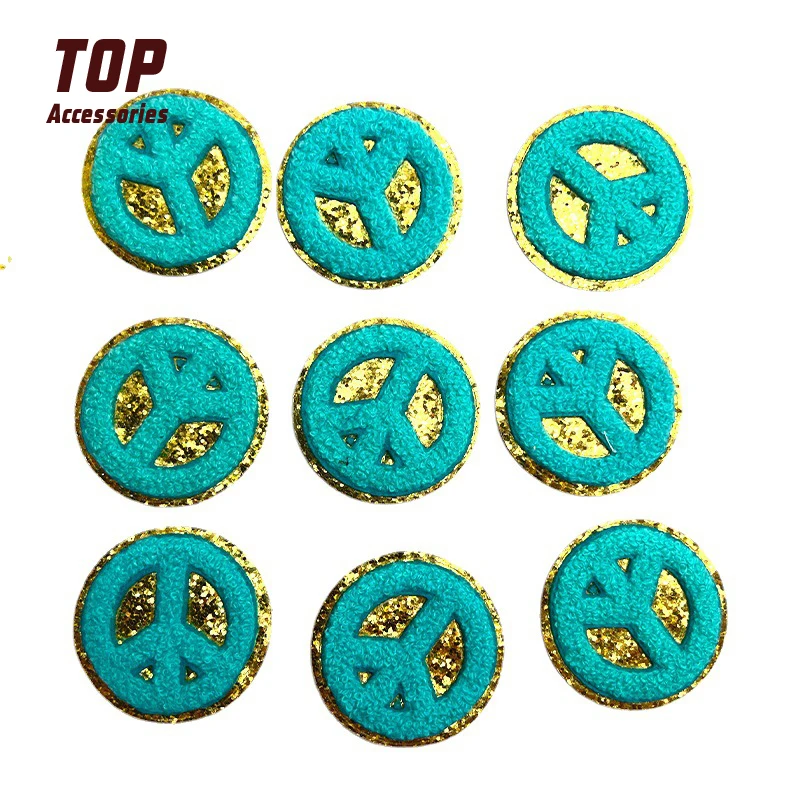 Handmade Peace Symbol Chenille Iron-on Patches Glitter Sequins Decoration With Gold Fabric Cotton PVC Custom Embroidery 10 Pcs