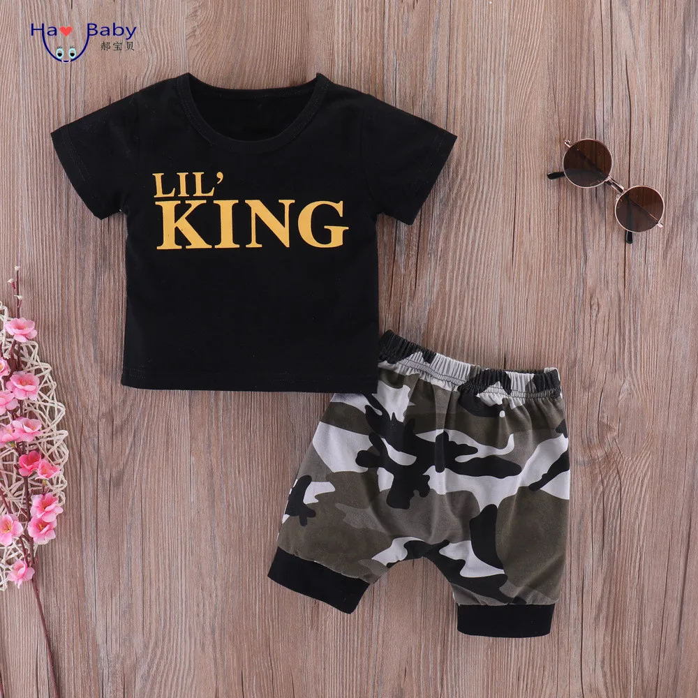 Hao Baby Ins Children Clothing Hot Sale Boys KING Letters Camouflage Short Sleeve Sets