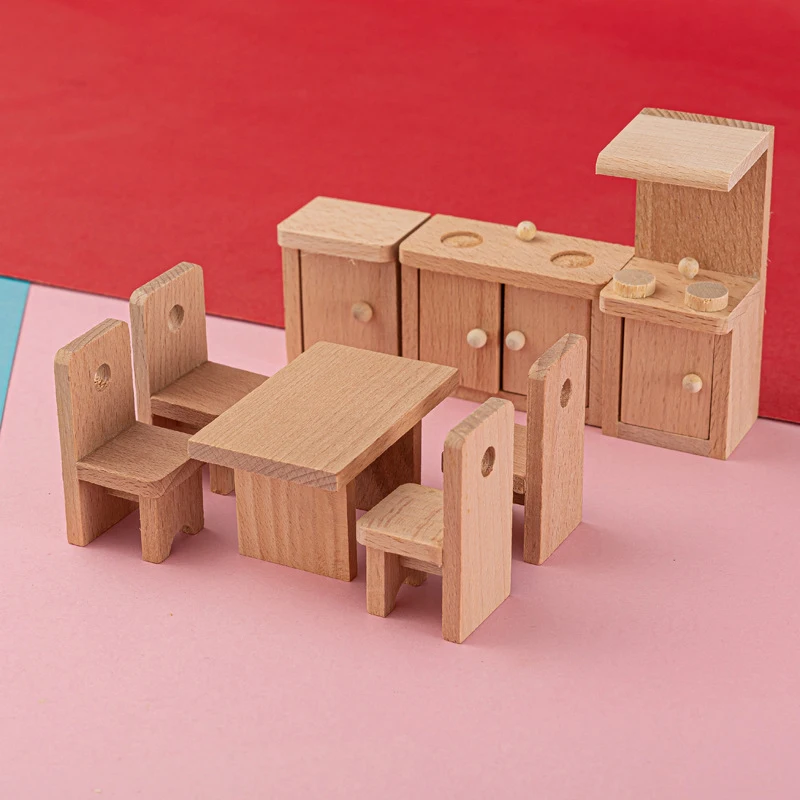 hot sale high quality 4 scene wooden doll house furniture accessories natural solid wood furniture toys