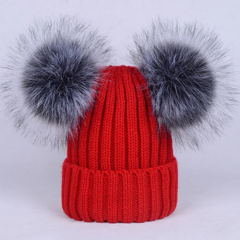 2024 New arrival ebay hot sale faux silver fox knitted hat with double fur pom poms  for children adult
